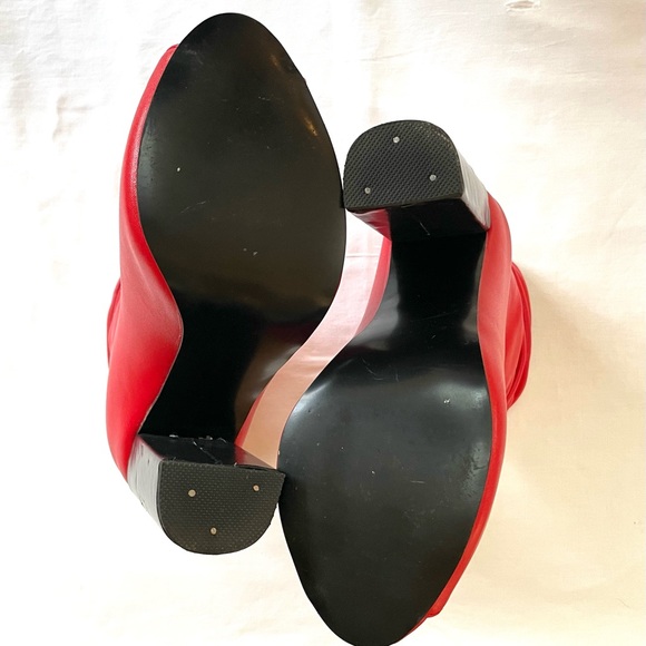 FSJ Bright Red Peep Toe Slouch Ankle Boots Chunky Stacked Heels - Picture 2 of 3